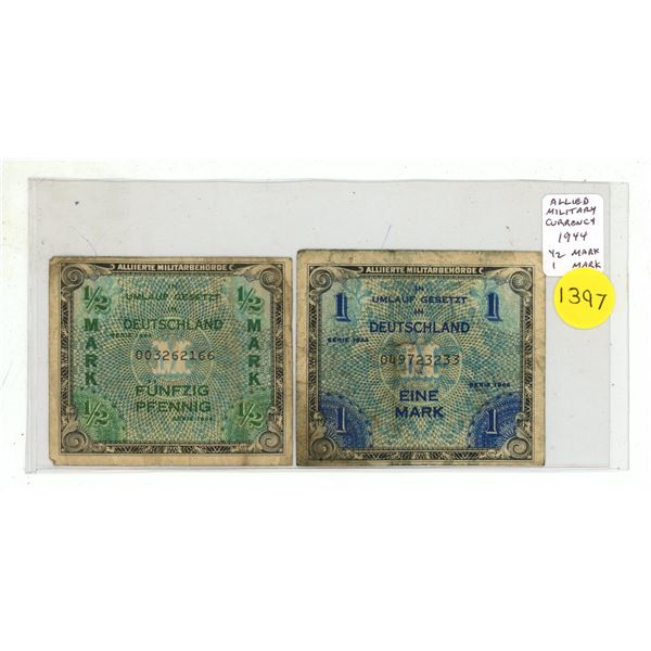 Germany. Allied Military Currency. Set of 2 including ½ Mark and 1 Mark. VG.