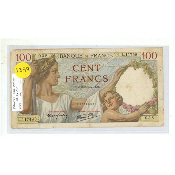 France. 1940 100 Francs. VG or higher.