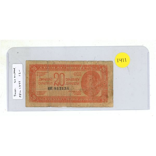 Yugoslavia. 1944 20 Dinara. World War II issue. VG.