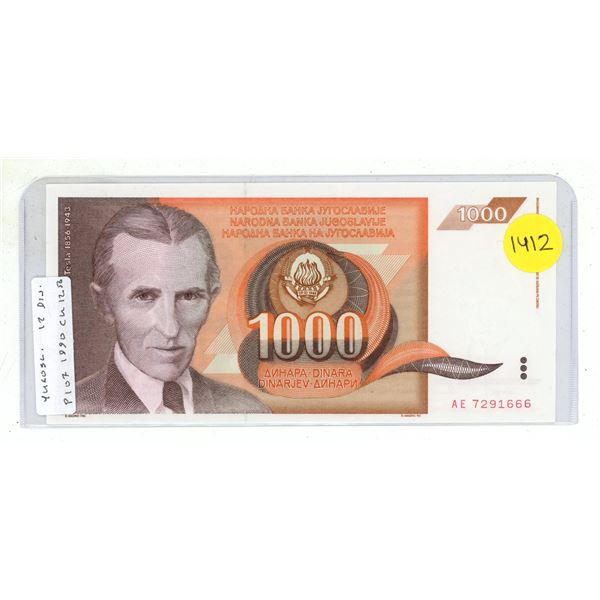 Yugoslavia. 1990 1000 Dinara. Uncirculated.