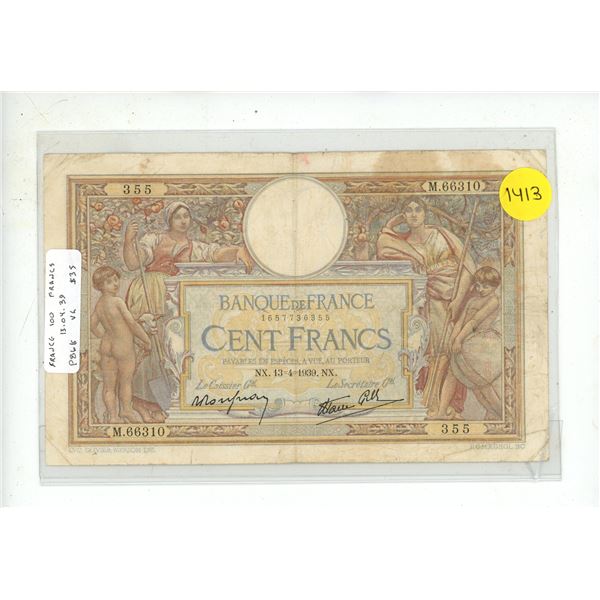 France. 1939 100 Francs. VG or higher.