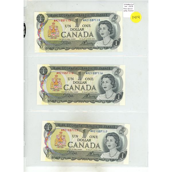 Set of 3 Consecutive 1973 $1 notes. Crow-Bouey signatures. AMZ Prefix. Serial Numbers 1557115, 15571