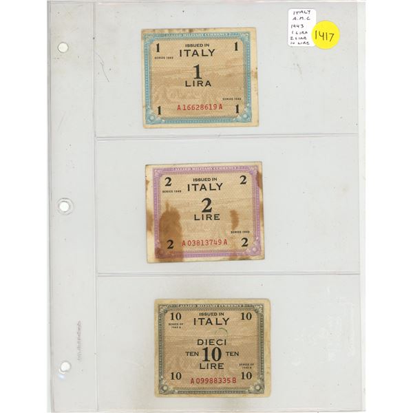 Italy. Allied Military Currency. Set of 3 notes all dated 1943: 1 Lira, 2 Lire & 10 Lire. VG-Fine.