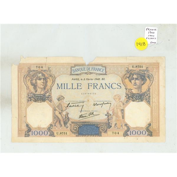 France. 1940 1000 Francs. Good with pieces missing. Huge note.