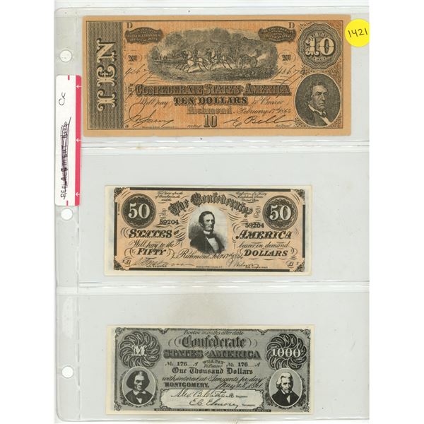 Set of 3 Counterfeit Confederate States of America notes. 1864 10 Dollars, 1864 50 Dollars and 1861 