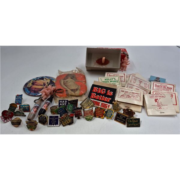 Novelty Adult Collectible Lot w/ Matches, Pins, Keychains, & More