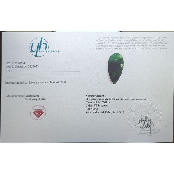 7.04 ct Certified Zambian Emerald gemstone ($4,400 Appraisal)