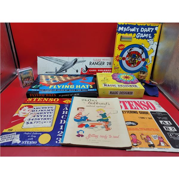 VTG Children's Stencils, Games, Airplane Model, & Mother Hubbard's Seatwork Cupboard