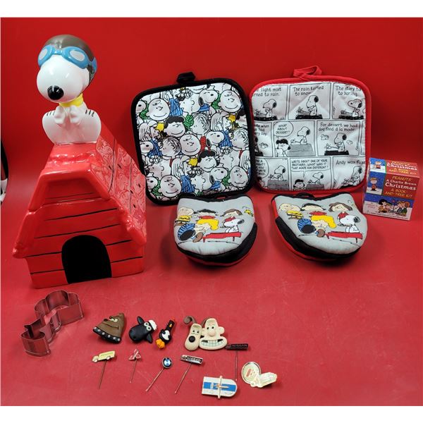 TV Character Collectible & Automobile Stick Pin Lot w/ Wallace & Gromit Pins, Peanuts Oven Mitts, & 