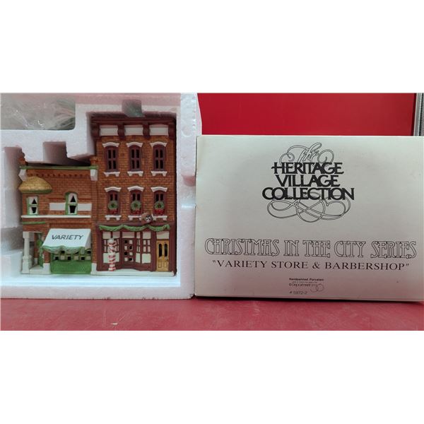 Heritage Village Collection Hand-Painted Porcelain "Variety Store & Barbershop"