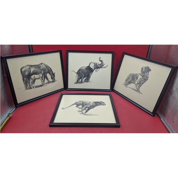 Lot of Framed Animal Pencil Drawing Prints by D. Schwartz