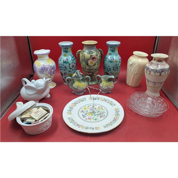 Vase & Serve Ware Lot w/ Bone China Serving Tray, Porcelain Vase, Ceramic Elephant Teapot, & More