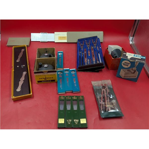 Drafting Lot w/ Parallel Ruler, Drafting Kit, Lead Pointer (Drafting Pencil Sharpener), Lead, & More