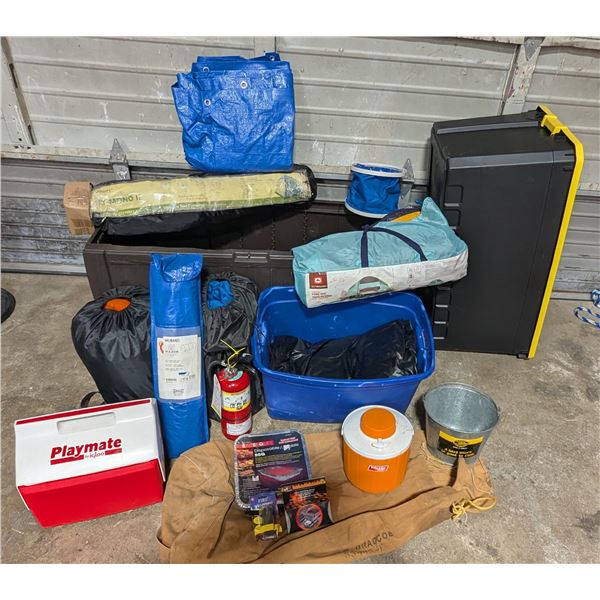 Camping Lot w/ Playmate Lunchbox Cooler, Tents, Tarp, Sleeping Bag, & More