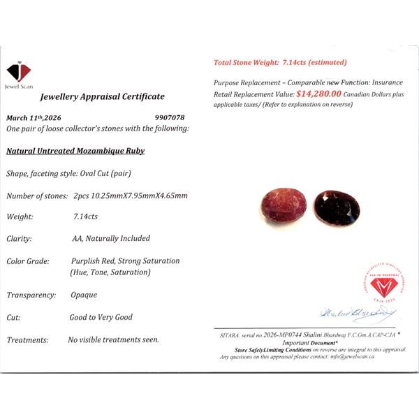 7.14 ct Certified Untreated Ruby gemstone Pair ($14,280 Appraisal)