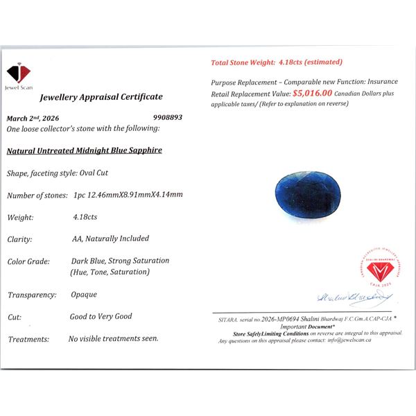 4.18 ct Certified Untreated Blue Sapphire gemstone ($5,016 Appraisal)