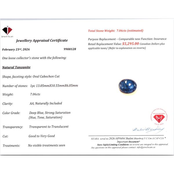 7.06 ct Certified Tanzanite gemstone ($5,295 Appraisal)