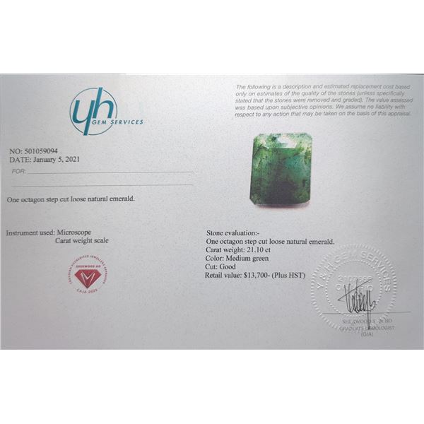 21.1 ct Certified Emerald gemstone ($13,700 Appraisal)