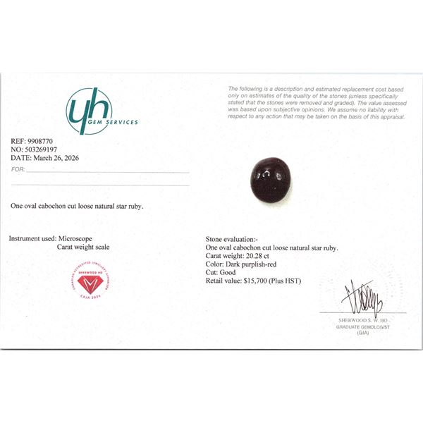 20.28 ct Certified Untreated Star Ruby gemstone ($15,700 Appraisal)
