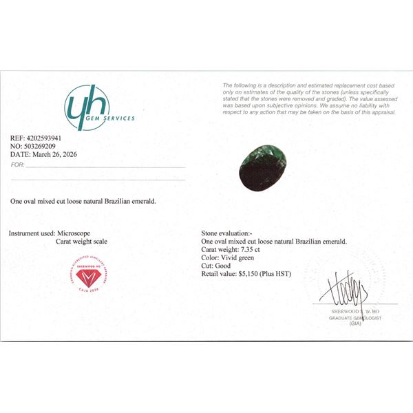 7.35 ct Certified Emerald gemstone ($5,150 Appraisal)