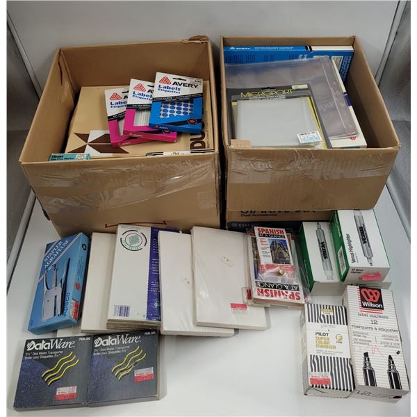 Office lot, pens, paper, labels, dust covers