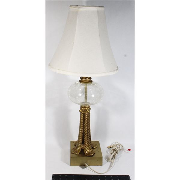 VINTAGE BRASS LAMP WITH GLASS DOME TESTED