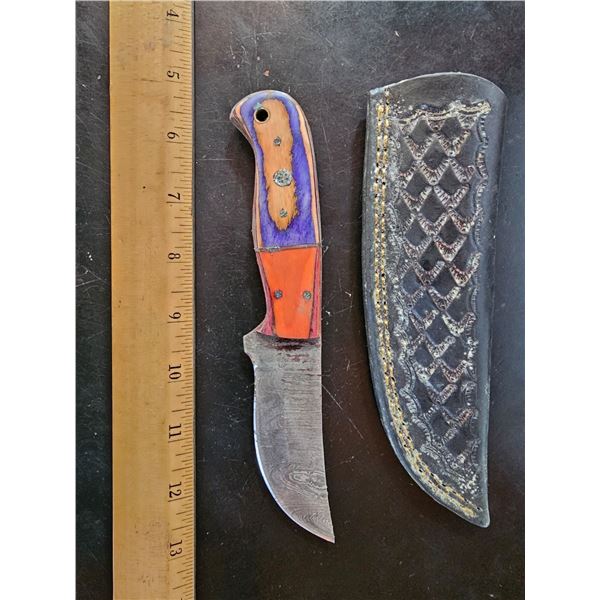 Hand Forged Damascus Steel Knife w/ Leather Sheath