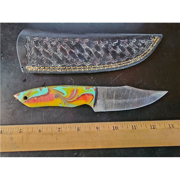 Hand Forged Damascus Steel Knife w/ Leather Sheath