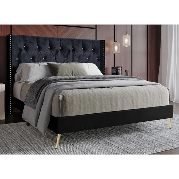 WILLA ARLO PETERSFIELD QUEEN SIZE BLACK TUFTED UPHOLSTERED LOW PROFILE PLATFORM BED, RETAIL $429
