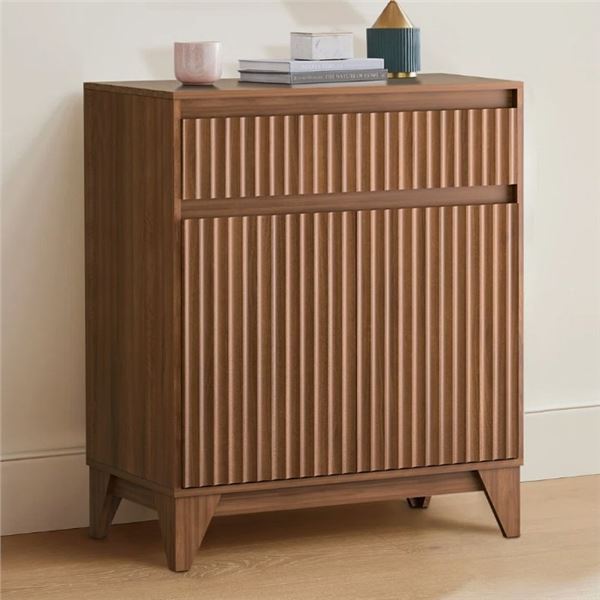 DEJESUS 38" TALL 2 - DOOR ACCENT CABINET WITH ADJUSTABLE SHELF, WAVEFORM FLUTED PANEL, RETAIL $265