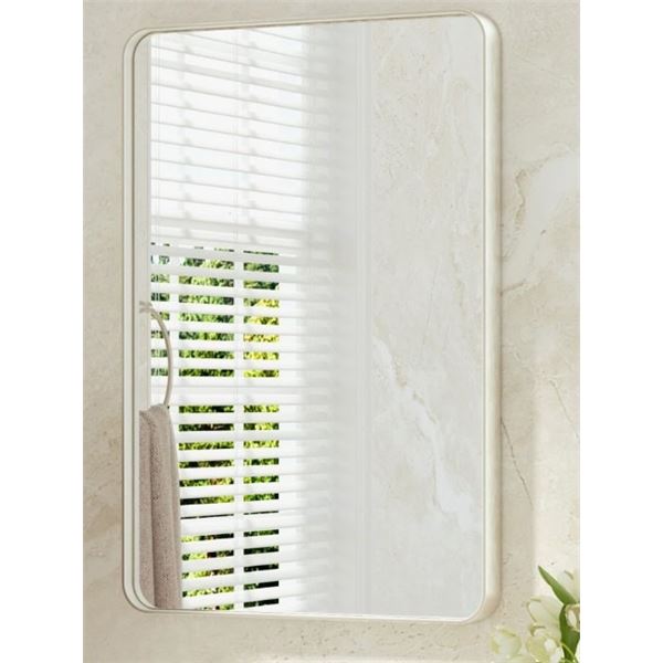 EBERN DESIGNS 22X30 INCH BRUSHED NICKEL ALUMINIUM FRAME BATHROOM MIRROR, RETAIL $159