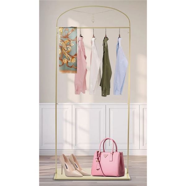 EVERYLY QUINN 7.5FT. H ELEGANT MINIMALISTIC GARMENT RACK WEDDING DRESS ARCHED SHELF, RETAIL $159