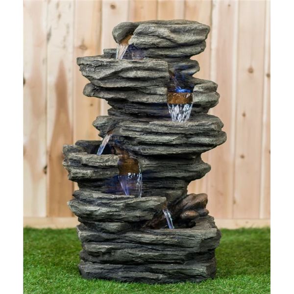 HI-LINE GIFT LTD FIBRE AND RESIN FOUNTAIN SLATE STONE FOUNTAIN WITH LED LIGHT, RETAIL $263
