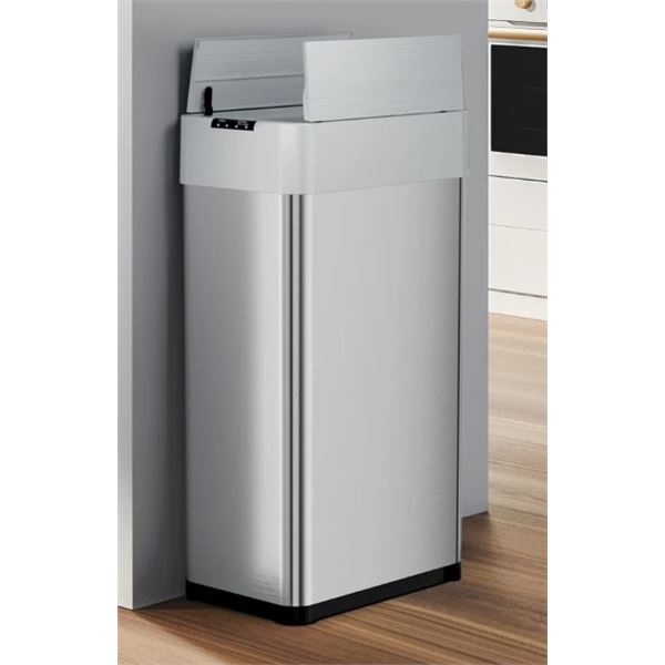 PIRECART GREY STAINLESS STEEL MOTION SENSOR TRASH CAN, RETAIL $189