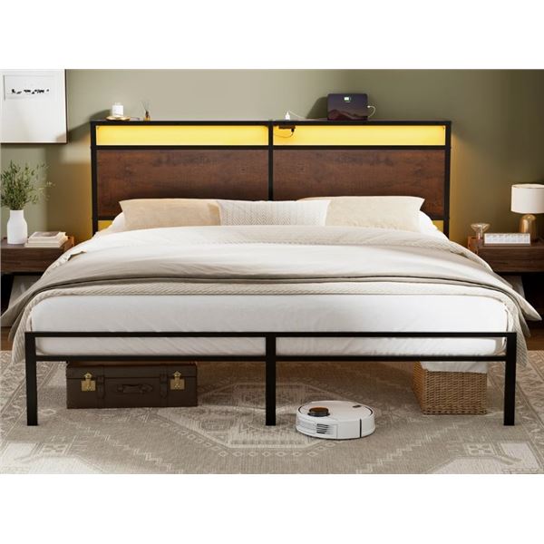 ANTIOCH QUEEN SIZE BED FRAME WITH LED LIGHT AND CHARGING STATION, METAL FRAME WITH STORAGE HEADBOARD