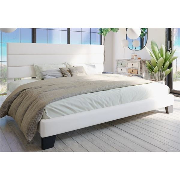 LATITUDE RUN ELISON QUEEN SIZE WHITE PLATFORM BED WITH FABRIC UPHOLSTERED HEADBOARD AND WOODEN SLATS