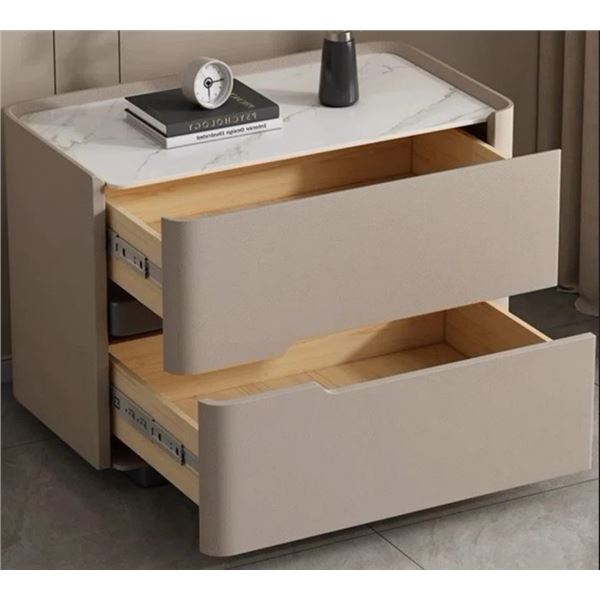 LATITUDE RUN 19.7-INCH ITALIAN LIGHT LUXURY DOUBLE DRAWER WARM GREY SOLID WOOD BEDSIDE TABLE, LIVING