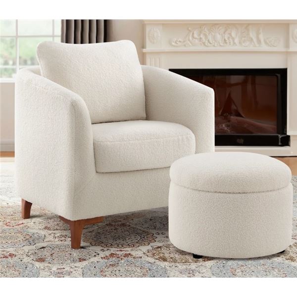 WILLA ARLO ARNOLD 29.5" WIDE UPHOLSTERED BARREL ACCENT ARMCHAIR WITH STORAGE OTTOMAN AND PILLOW, RET