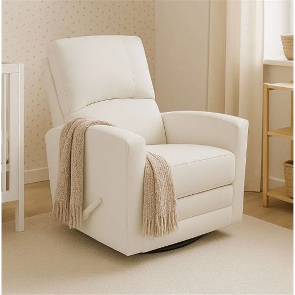 CONCORD BABY THOMAS SWIVEL RECLINING GLIDER IN WHITE LEATHER, RETAIL $399