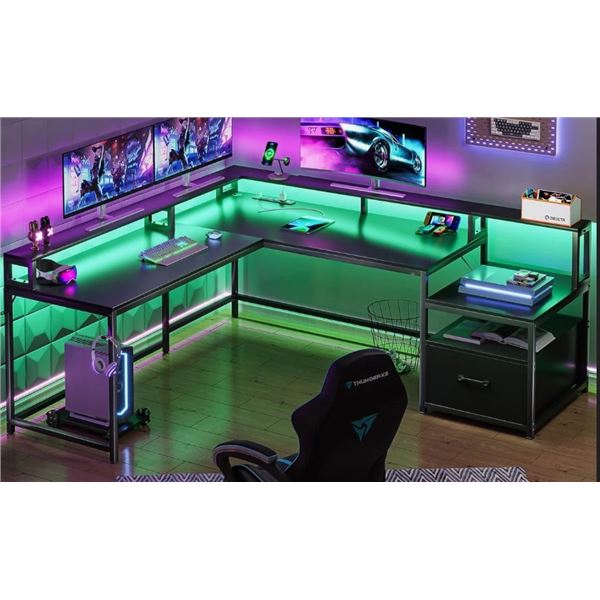 LATITUDE RUN MOLINEUX L-SHAPE DESK WITH BUILT IN OUTLETS, RETAIL $539
