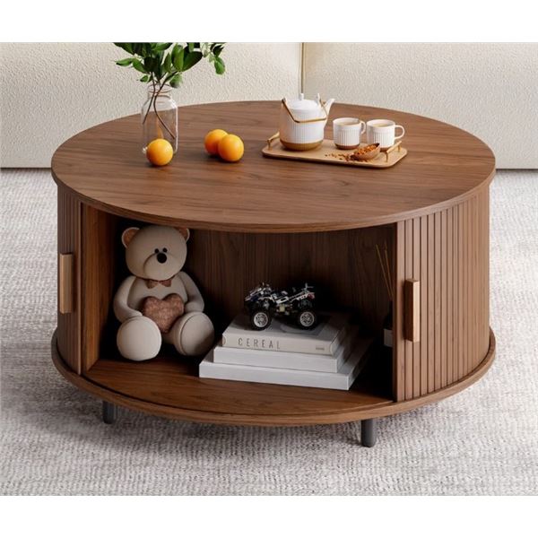 EBERN DESIGNS 31.5" MODERN ROUND COFFEE TABLE WITH 360° CURVED SLIDING DOOR, RETAIL $259