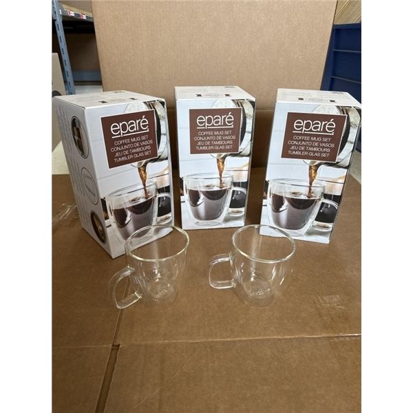 SET OF 6 NEW EPARE 12OZ COFFEE MUG SET, DUAL WALL INSULATED GLASS RETAIL $54 EACH, 3 SETS OF 2, TOTA