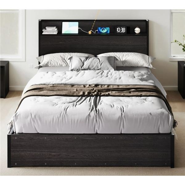 TRENT AUSTIN DESIGNS SHILA BLACK QUEEN SIZE LIFT UP STORAGE BED FRAME & CHARGING STATION, RETAIL $38