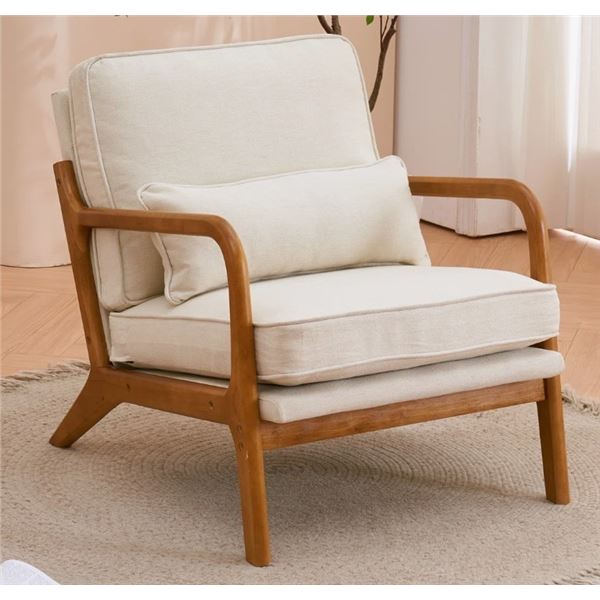 GEORGE OLIVER LEMLEY MID CENTURY SOLID WOOD ACCENT CHAIR UPHOLSTERED ARMCHAIR WITH AN EXTRA PILLOW, 
