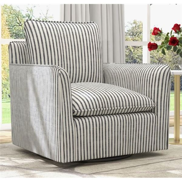 KANDYN 29.7" W MODERN SOFT STRIPE UPHOLSTERED SWIVEL BARREL CHAIR WITH REMOVABLE CUSHION, RETAIL $40