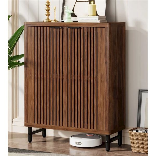 LOON PEAK BROWN 24 PAIR SHOE STORAGE CABINET WITH 2 SHUTTER DOORS, RETAIL $269