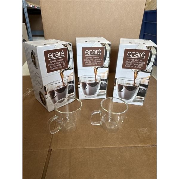 SET OF 6 NEW EPARE 12OZ COFFEE MUG SET, DUAL WALL INSULATED GLASS RETAIL $54 EACH, 3 SETS OF 2, TOTA