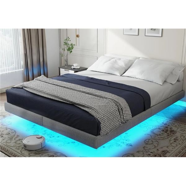 COWEN GREY QUEENSIZE  FLOATING BED FRAME WITH LED LIGHTS METAL SLATS UNDERBED STORAGE SPACE NO BOX S