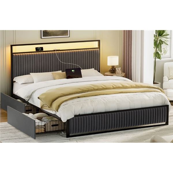 ANTIOCH UPHOLSTERED DARK GREY KING SIZE BED FRAME WITH 2 STORAGE DRAWERS, MODERN PLATFORM BED WITH C