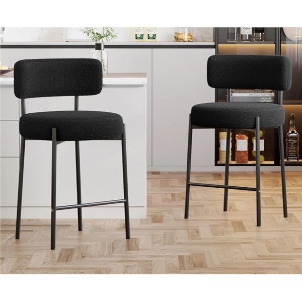 EBERN DESIGNS 25" UPHOLSTERED SHERPA  MODERN BOUCLE COUNTER HEIGHT BAR STOOLS WITH CURVED BACK AND B